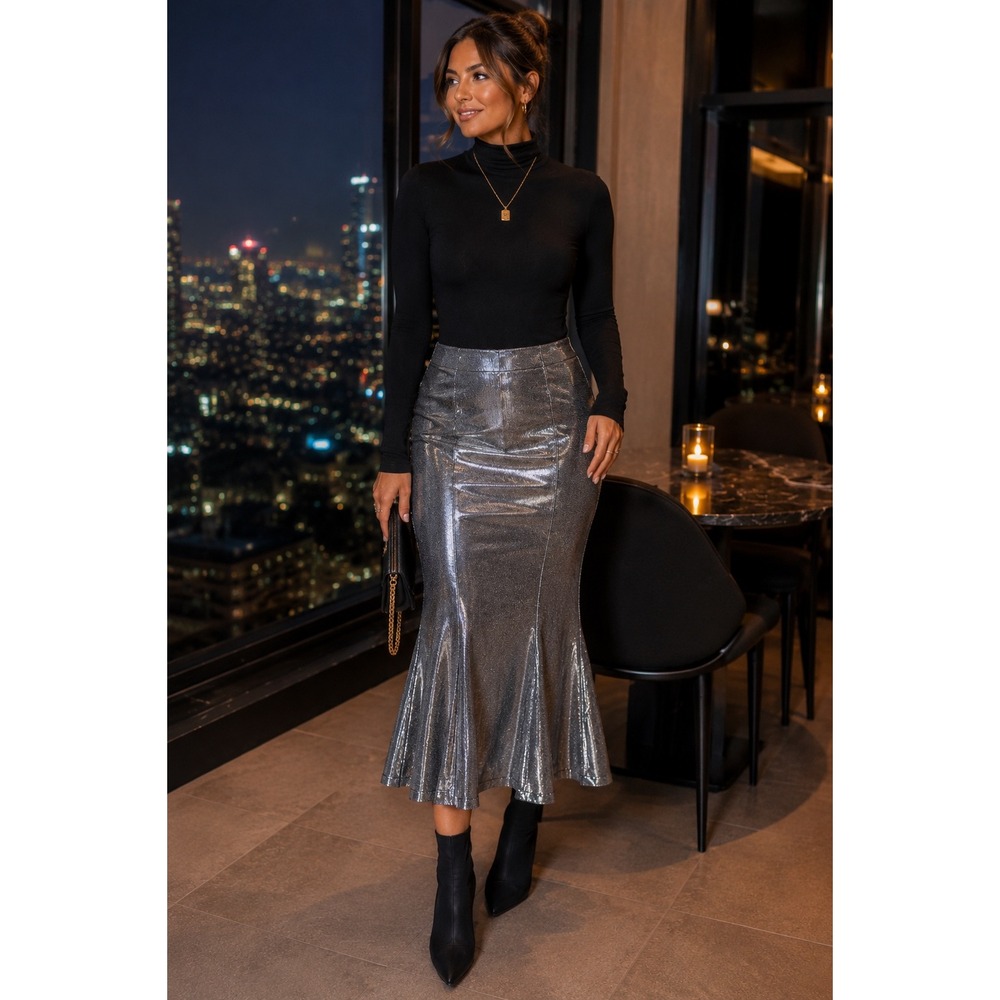 NWT Silver Metallic Mermaid Midi Skirt Glam Party Holiday Cocktail Formal  Sz L